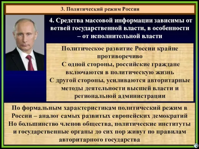 3. Политический режим России 2 4. Средства массовой информации зависимы