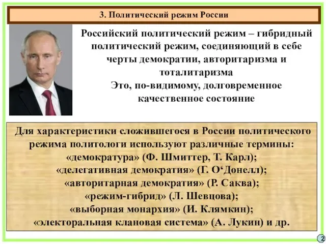 3. Политический режим России 2 Российский политический режим – гибридный