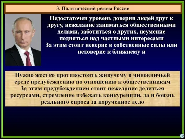 3. Политический режим России 2 Недостаточен уровень доверия людей друг