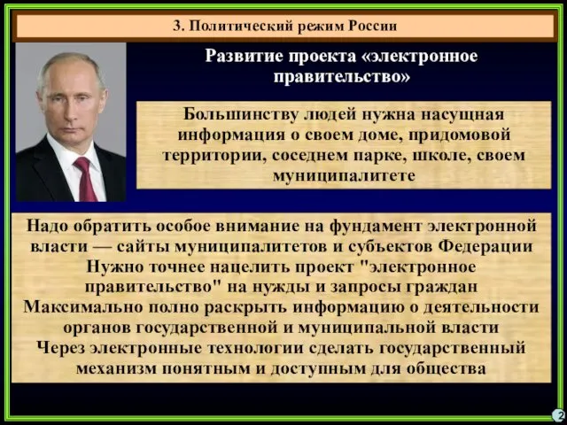 3. Политический режим России 2 Развитие проекта «электронное правительство» Надо