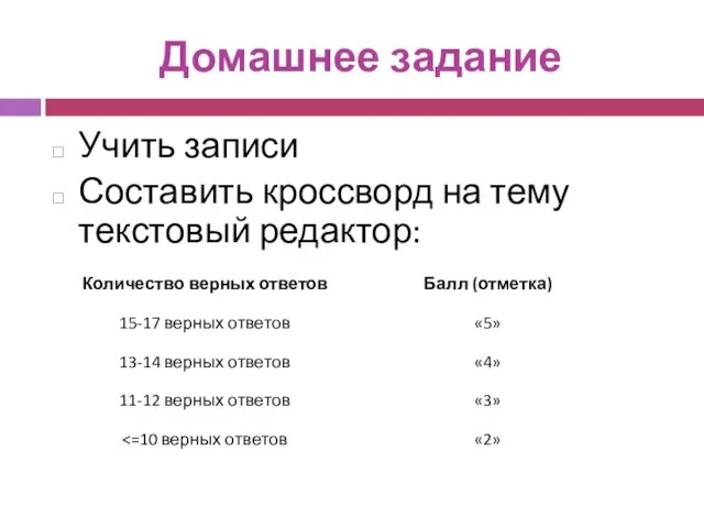 Домашнее задание Учить записи Составить кроссворд на тему текстовый редактор: