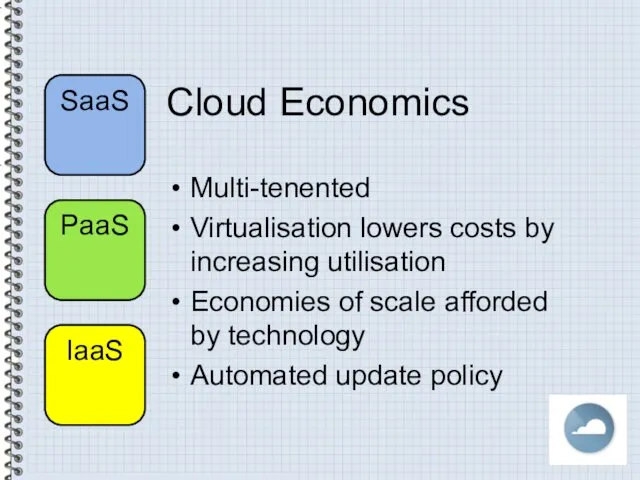 Cloud Economics Multi-tenented Virtualisation lowers costs by increasing utilisation Economies