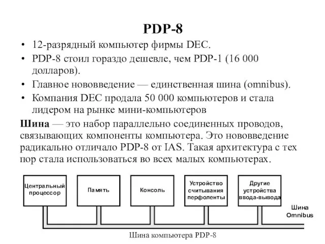 PDP-8 12-разряд­ный компьютер фирмы DEC. PDP-8 стоил гораздо дешевле, чем