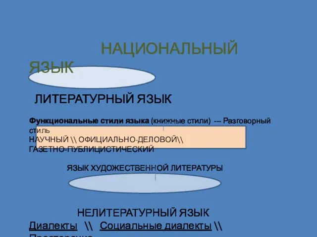 НАЦИОНАЛЬНЫЙ ЯЗЫК ЛИТЕРАТУРНЫЙ ЯЗЫК Функциональные стили языка (книжные стили) ---