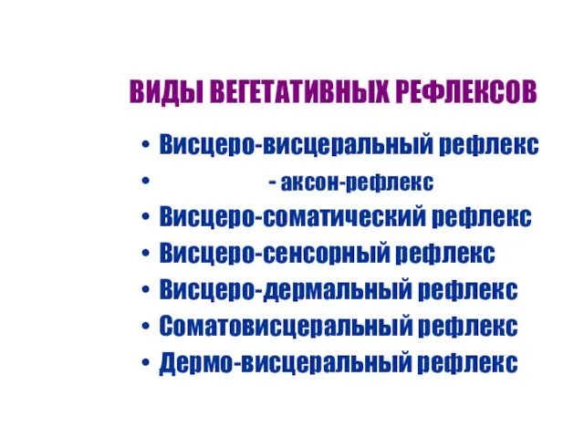 ВИДЫ ВЕГЕТАТИВНЫХ РЕФЛЕКСОВ Висцеро-висцеральный рефлекс - аксон-рефлекс Висцеро-соматический рефлекс Висцеро-сенсорный