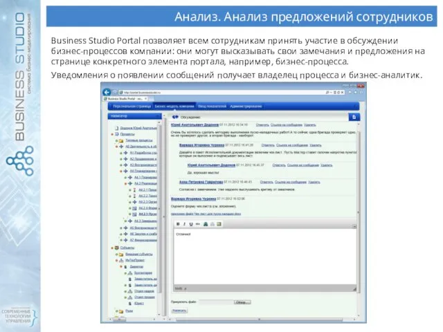 Анализ. Анализ предложений сотрудников Business Studio Portal позволяет всем сотрудникам