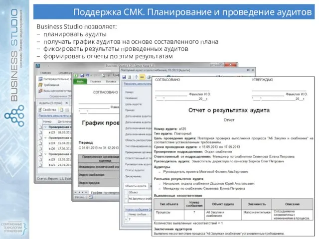 Поддержка СМК. Планирование и проведение аудитов Business Studio позволяет: −