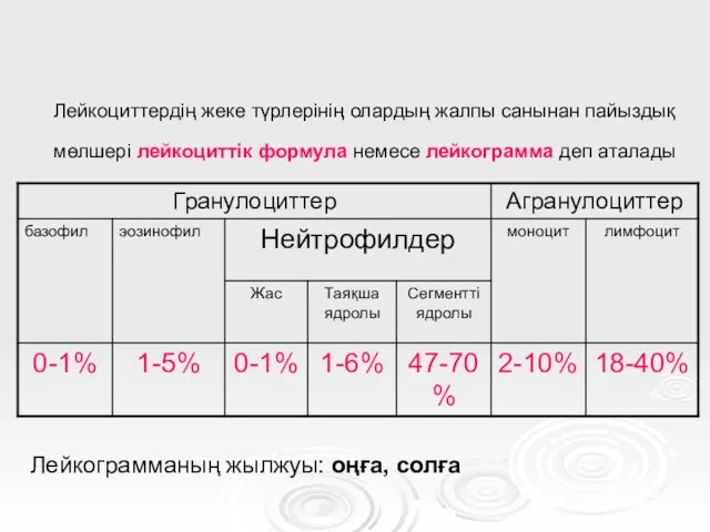 Лейкоциттердің жеке түрлерінің олардың жалпы санынан пайыздық мөлшері лейкоциттік формула