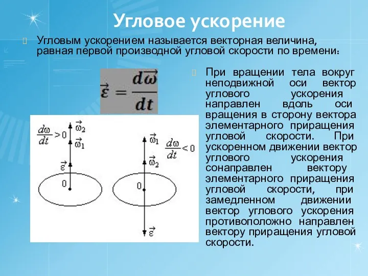 Угловое ускорение Угловым ускорением называется векторная величина, равная первой производной