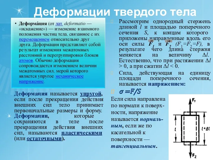 Деформации твердого тела Деформация называется упругой, если после прекращения действия