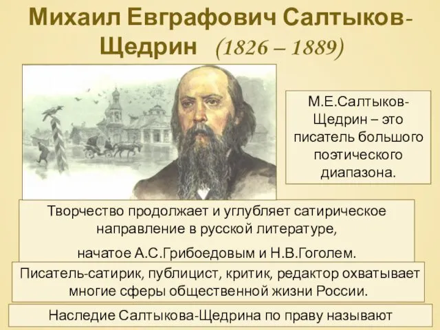 Михаил Евграфович Салтыков-Щедрин (1826 – 1889) М.Е.Салтыков-Щедрин – это писатель