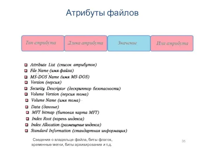 Атрибуты файлов Сведения о владельце файла, биты флагов, временные метки, биты архивирования и т.д.