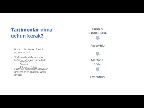 Tarjimonlar nima uchun kerak? Human readible code Assembly Machine code