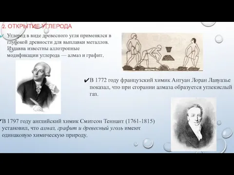 Углерод в виде древесного угля применялся в глубокой древности для