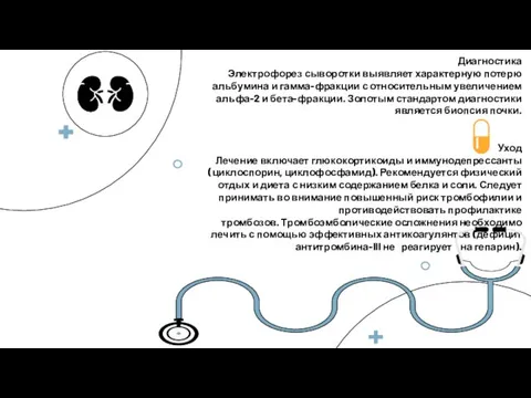 Диагностика Электрофорез сыворотки выявляет характерную потерю альбумина и гамма-фракции с