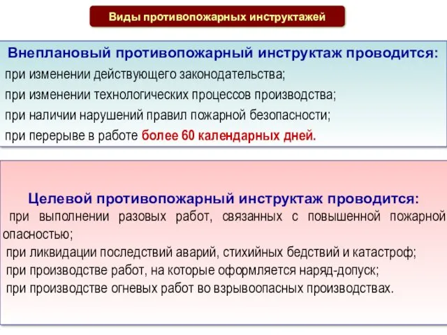 Виды противопожарных инструктажей Внеплановый противопожарный инструктаж проводится: при изменении действующего