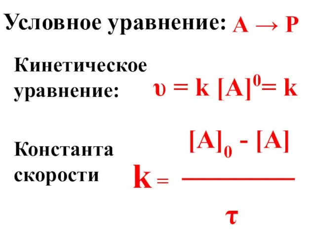 Условное уравнение: Константа скорости [A]0 - [A] k = τ