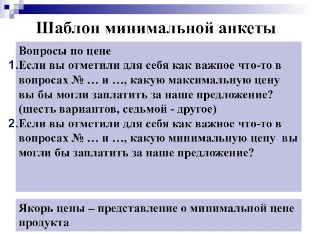 Шаблон минимальной анкеты Вопросы по цене Если вы отметили для