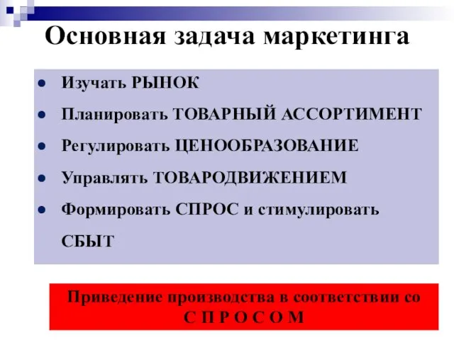 Основная задача маркетинга Изучать РЫНОК Планировать ТОВАРНЫЙ АССОРТИМЕНТ Регулировать ЦЕНООБРАЗОВАНИЕ