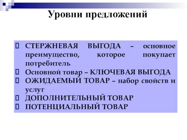 Уровни предложений СТЕРЖНЕВАЯ ВЫГОДА – основное преимущество, которое покупает потребитель