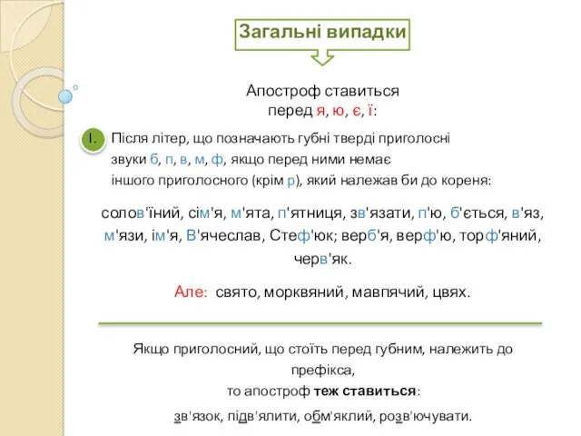 Загальні випадки Апостроф ставиться перед я, ю, є, ї: Після