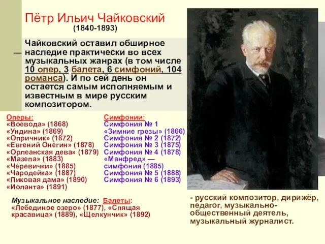 Пётр Ильич Чайковский (1840-1893) - русский композитор, дирижёр, педагог, музыкально-общественный