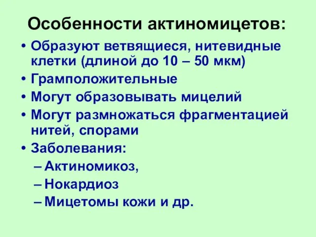 Особенности актиномицетов: Образуют ветвящиеся, нитевидные клетки (длиной до 10 –