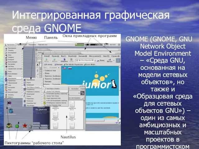 Интегрированная графическая среда GNOME GNOME (GNOME, GNU Network Object Model Environment – «Среда