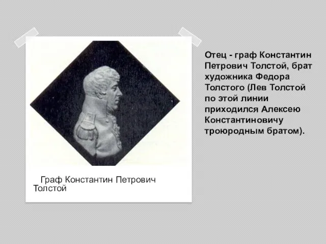 Отец - граф Константин Петрович Толстой, брат художника Федора Толстого