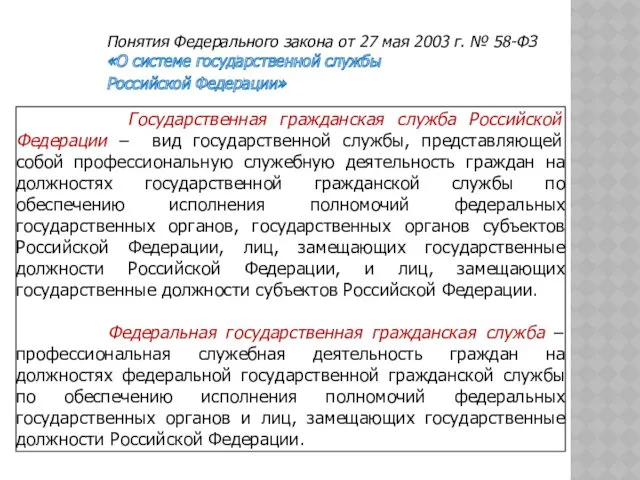 Понятия Федерального закона от 27 мая 2003 г. № 58-ФЗ