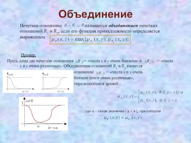 Объединение Нечеткое отношение называется объединением нечетких отношений R1 и R2,