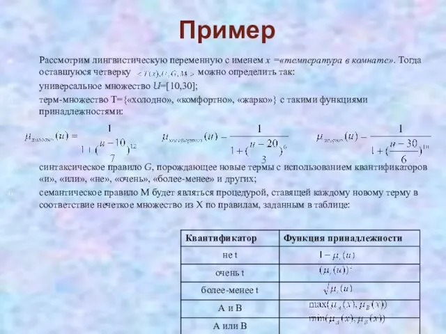 Пример Рассмотрим лингвистическую переменную с именем х =«температура в комнате».