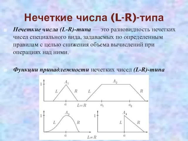 Нечеткие числа (L-R)-типа Нечеткие числа (L-R)-типа — это разновидность нечетких