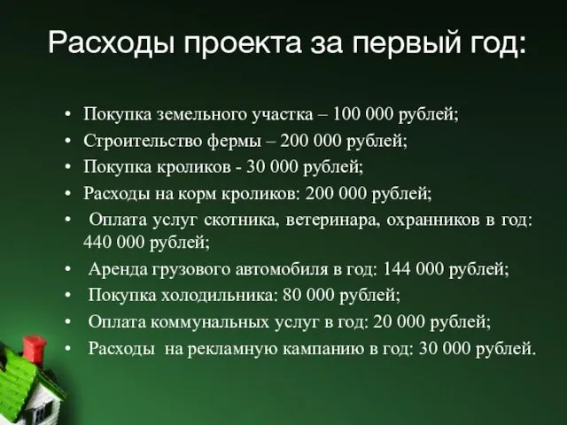 Расходы проекта за первый год: Покупка земельного участка – 100