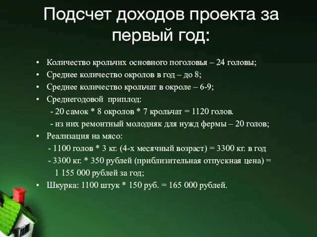 Подсчет доходов проекта за первый год: Количество крольчих основного поголовья