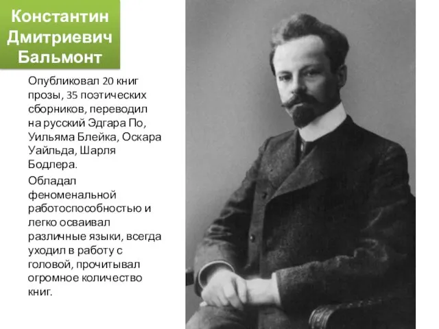 Константин Дмитриевич Бальмонт Опубликовал 20 книг прозы, 35 поэтических сборников, переводил на русский
