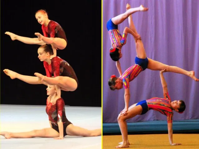 Акробатическая гимнастика включает в себя три группы упражнений: акробатические прыжки, парные и групповые упражнения