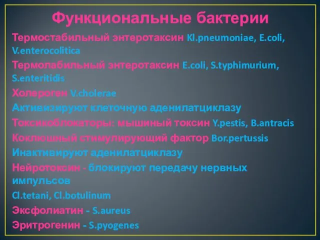 Функциональные бактерии Термостабильный энтеротаксин Kl.pneumoniae, E.coli, V.enterocolitica Термолабильный энтеротаксин E.coli,