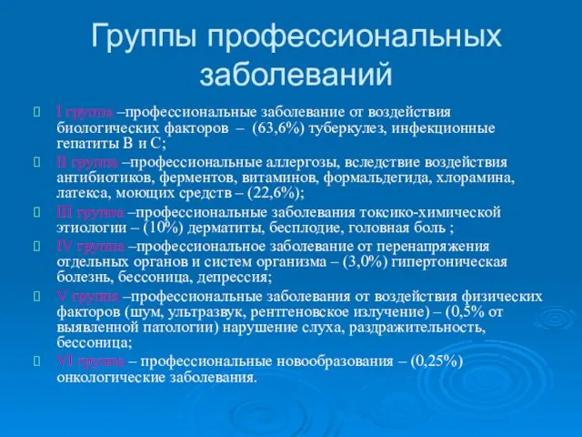 Группы профессиональных заболеваний I группа –профессиональные заболевание от воздействия биологических