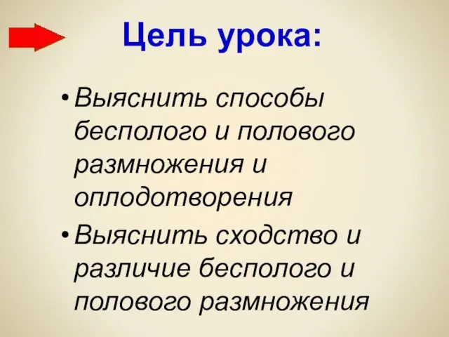 Цель урока: Выяснить способы бесполого и полового размножения и оплодотворения