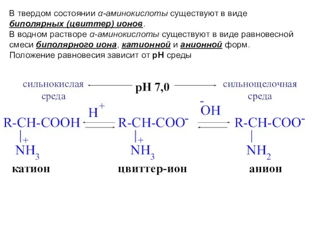 цвиттер-ион анион катион pH 7,0 сильнокислая среда сильнощелочная среда В твердом состоянии α-аминокислоты
