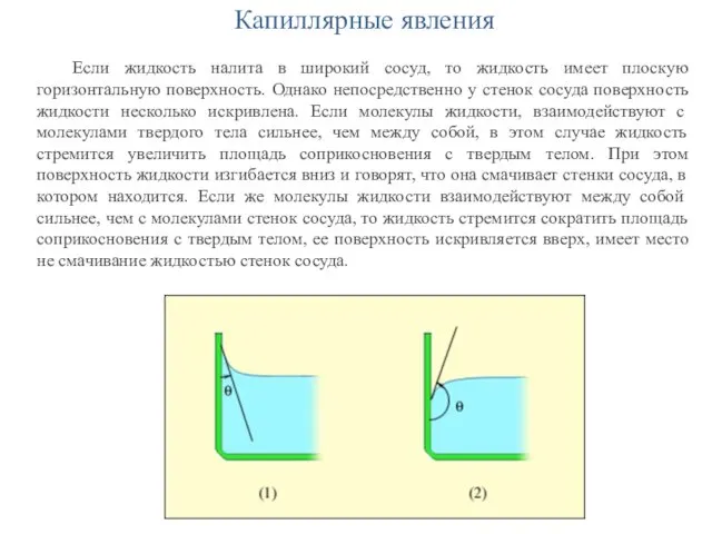 Капиллярные явления Если жидкость налита в широкий сосуд, то жидкость