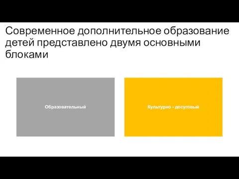 Современное дополнительное образование детей представлено двумя основными блоками Образовательный Культурно - досуговый