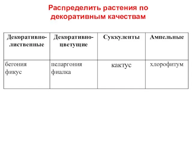 Распределить растения по декоративным качествам