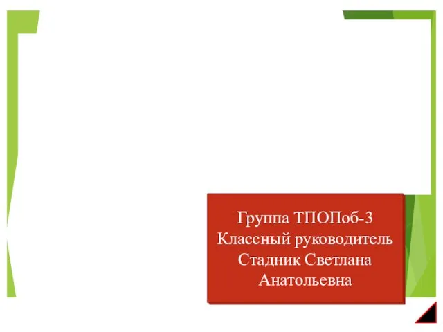 Группа ТПОПоб-3 Классный руководитель Стадник Светлана Анатольевна Группа ТПОПоб-3 Классный руководитель Стадник Светлана Анатольевна