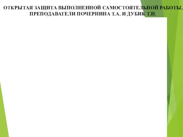 ОТКРЫТАЯ ЗАЩИТА ВЫПОЛНЕННОЙ САМОСТОЯТЕЛЬНОЙ РАБОТЫ. ПРЕПОДАВАТЕЛИ ПОЧЕРНИНА Т.А. И ДУБИК Т.Н.