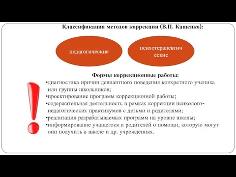 Классификация методов коррекции (В.П. Кащенко): педагогические психотерапевтические Формы коррекционные работы: