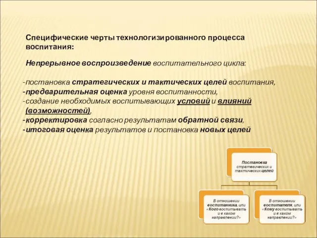 Специфические черты технологизированного процесса воспитания: Непрерывное воспроизведение воспитательного цикла: постановка