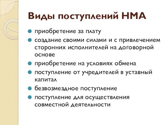 Виды поступлений НМА приобретение за плату создание своими силами и с привлечением сторонних