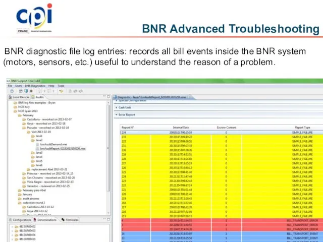 BNR Advanced Troubleshooting BNR diagnostic file log entries: records all bill events inside